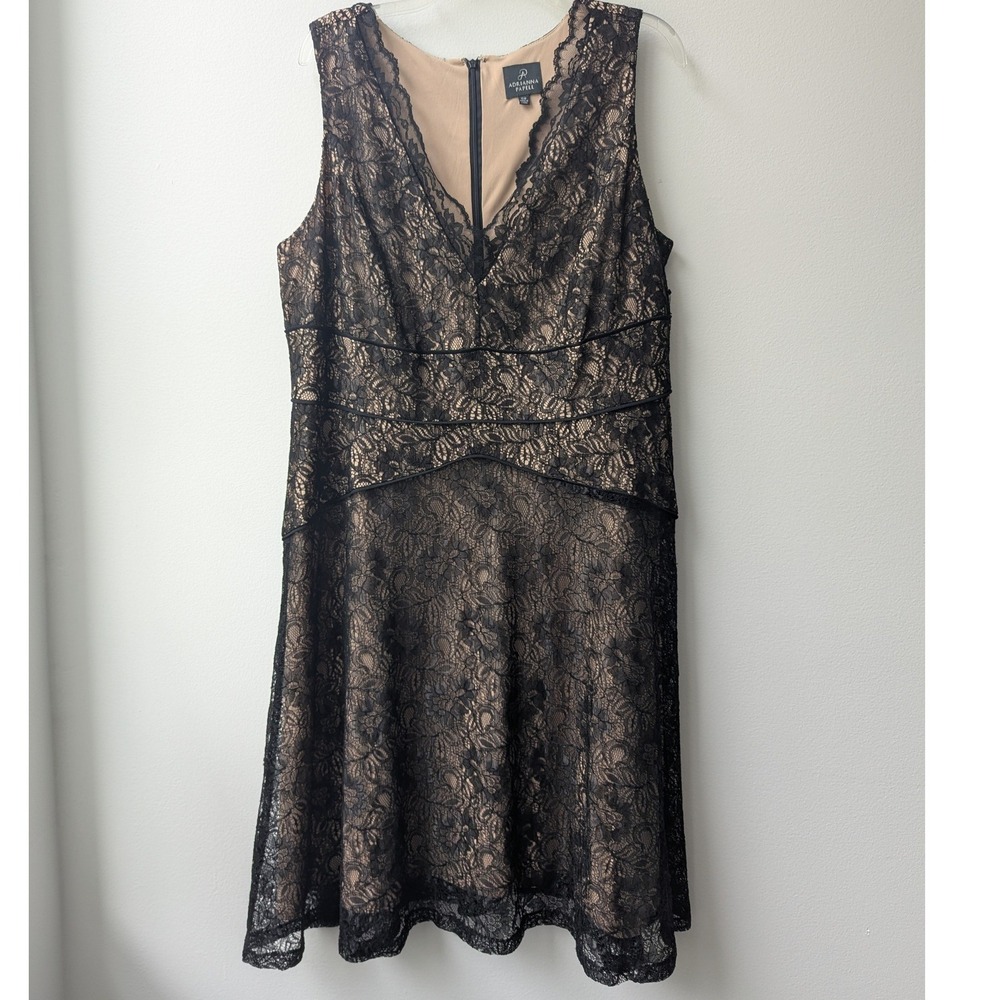 Adrianna Papell A-Line Dress Black Floral Lace V-Neck Sleeveless 16W Cocktail